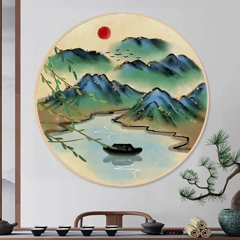 彩丽绮十字绣新款圆形山水十字绣客厅书房玄关办公室简单手工绣