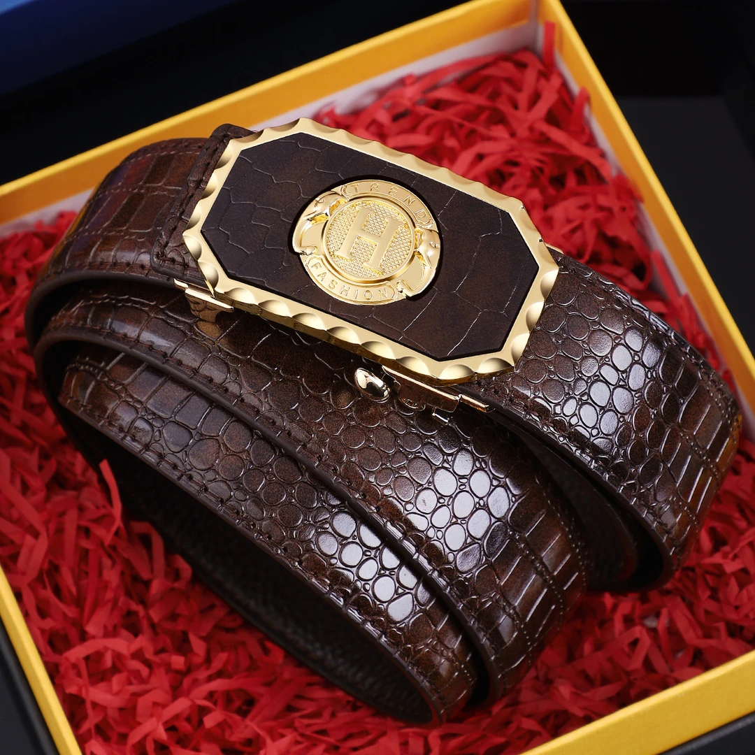 新款男士皮带鳄鱼纹真皮自动扣时尚百搭腰带中青年休闲商务裤带潮