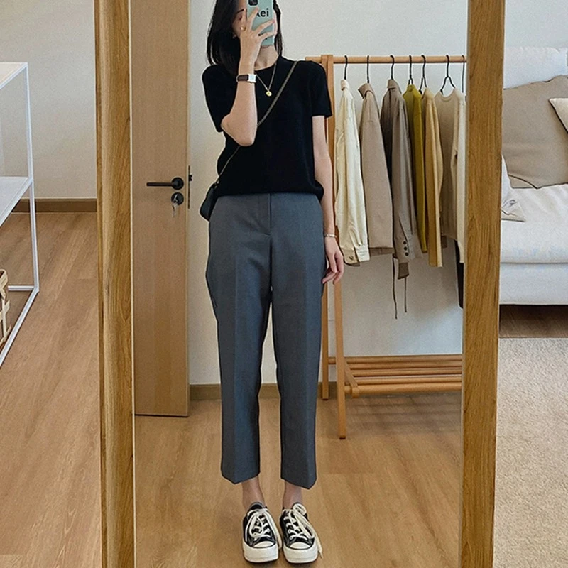 夏季薄款职业显瘦女时尚宽松高级感休闲小个子垂感高腰灰色西装裤