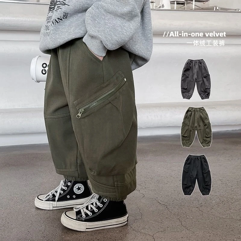 男童加厚秋冬款大口袋儿童工装裤加绒新款中小童男孩长裤休闲裤子