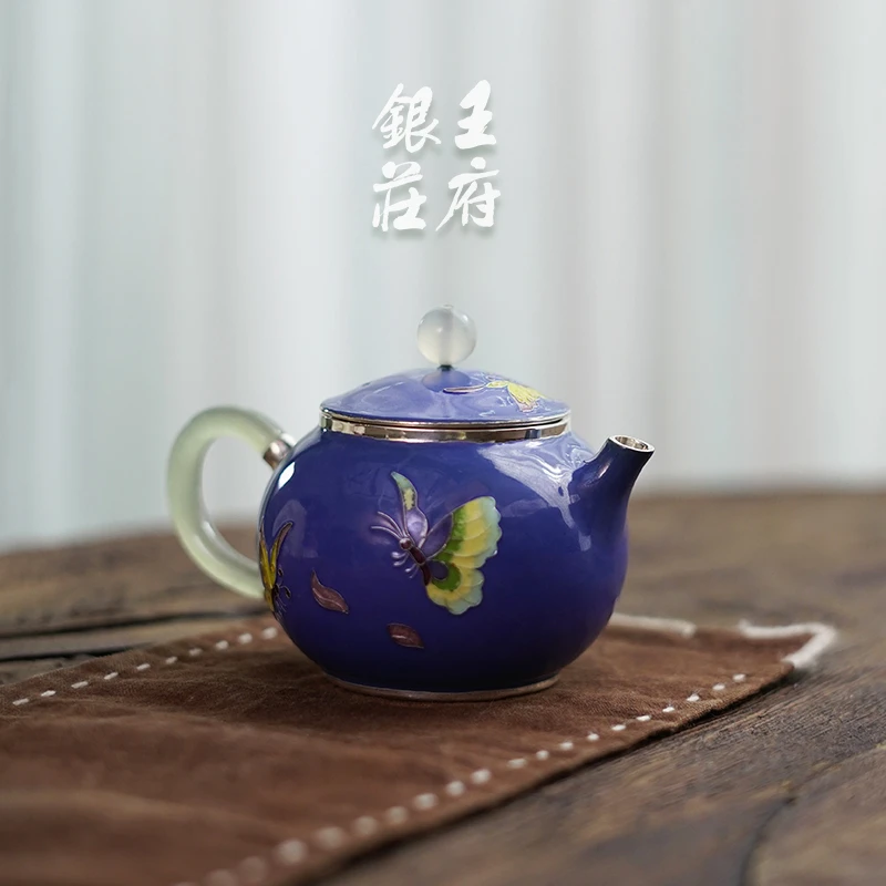足银999纯手工一张打七宝蝶恋花泡茶壶家用小巧精致功夫茶器 彩蝶