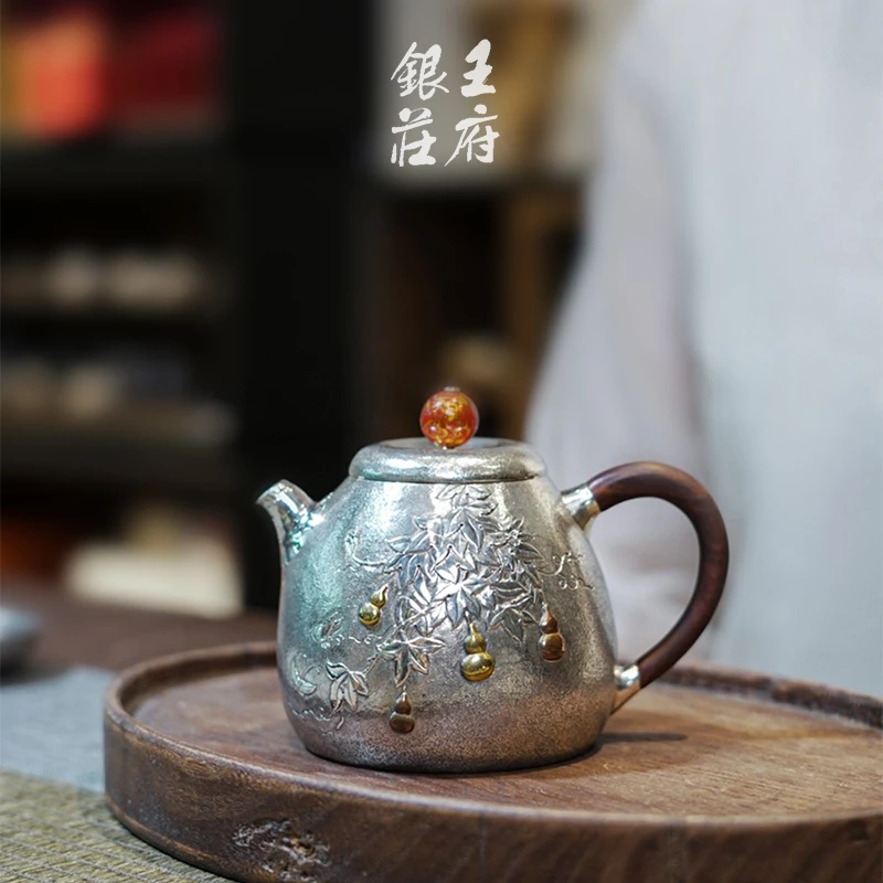 王府银庄足银999银壶泡茶壶纯手工一张打张家松錾刻壶 福禄正把壶