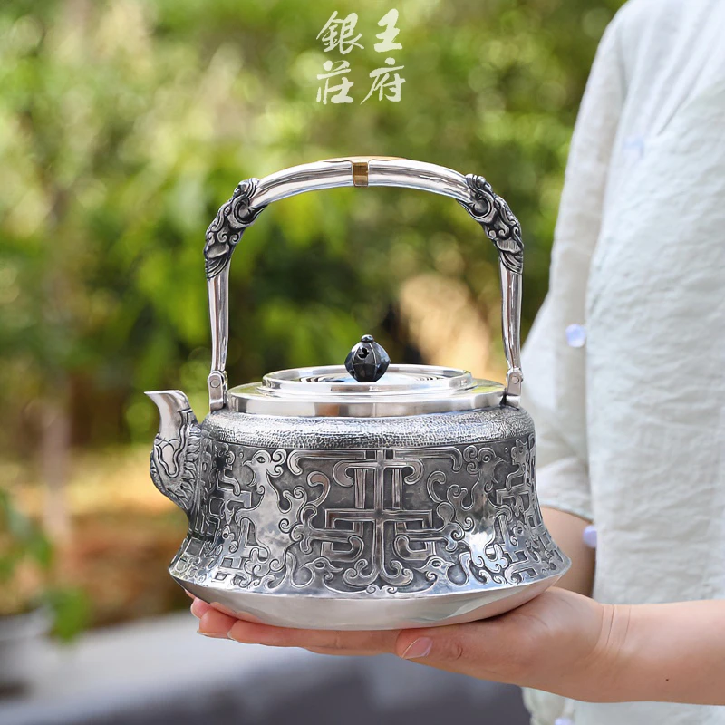 足银999纯手工一张打日式复古大容量加厚烧水壶煮茶壶银茶器 呈祥