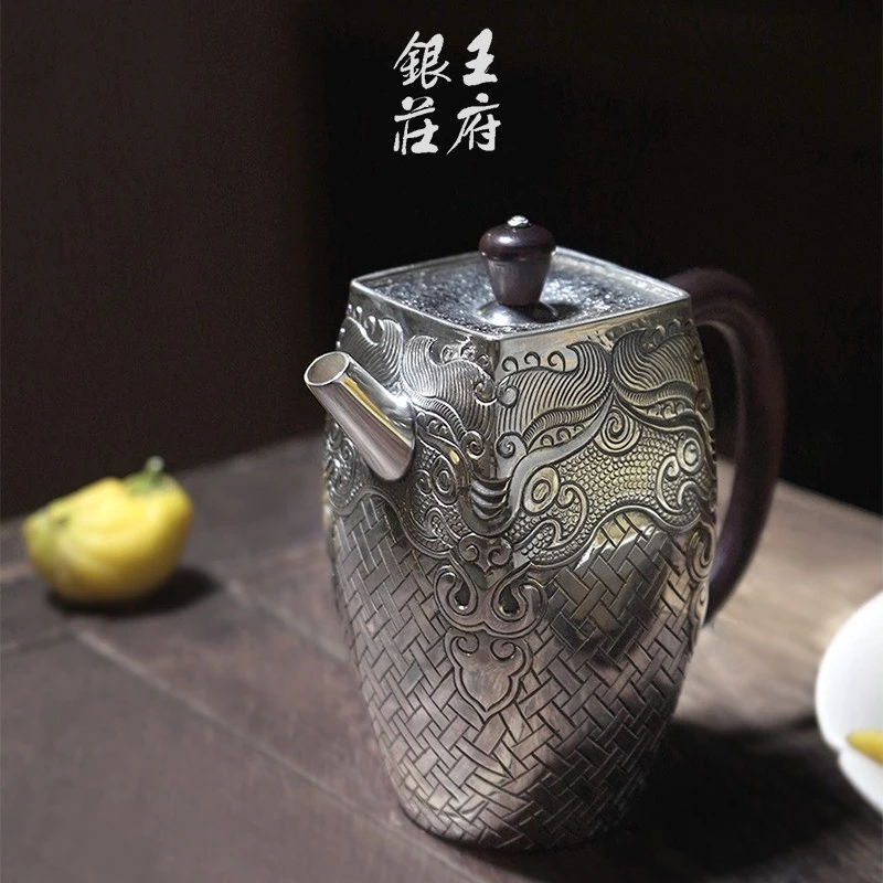 王府银庄银器足银999足银泡茶壶纯手工錾刻茶具中式家用茶道 龙韵