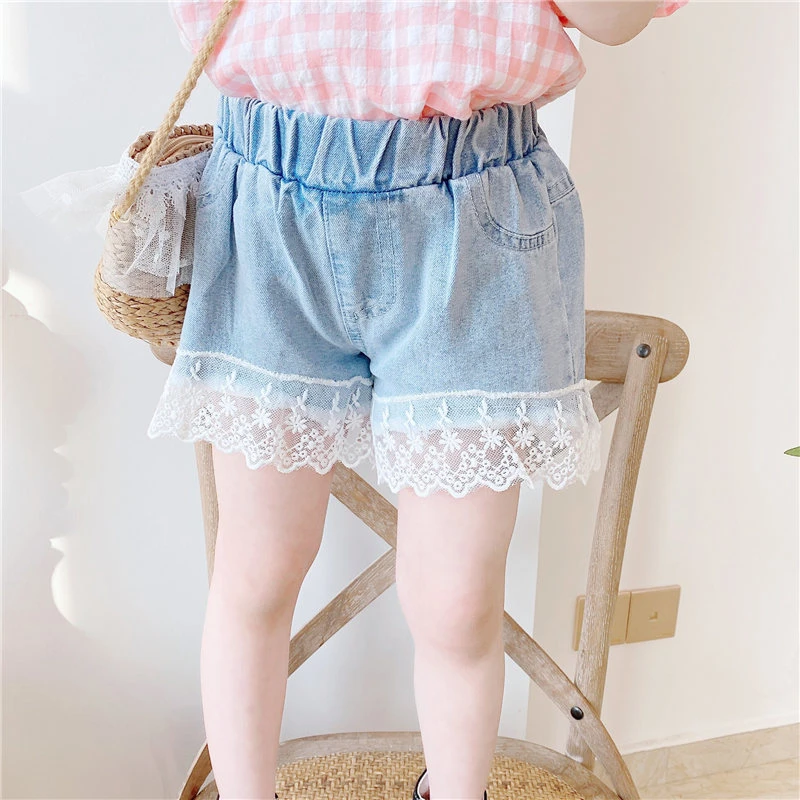 女童牛仔短裤夏款儿童宽松薄款蕾丝裤子