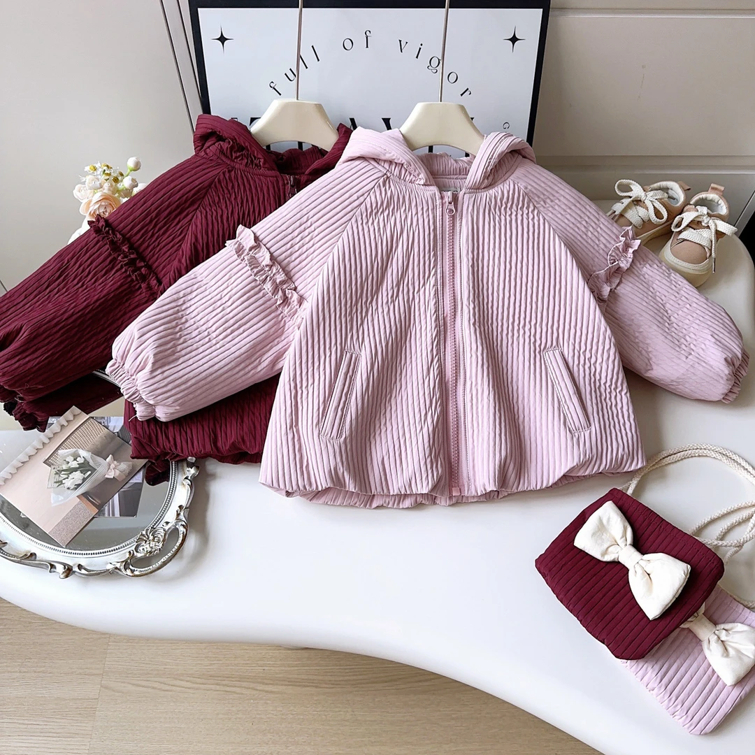 女童加绒外套冬季新款儿童蝴蝶结加厚保暖连帽外套送包包AWA355