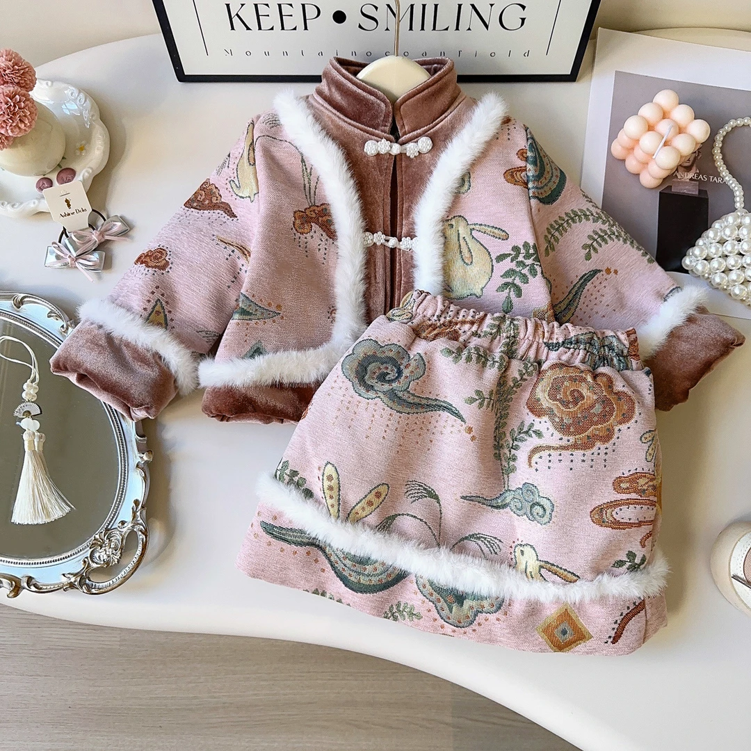 女童中国风套装冬季新款加绒加厚毛边拼接外套裙子两件套AWA692