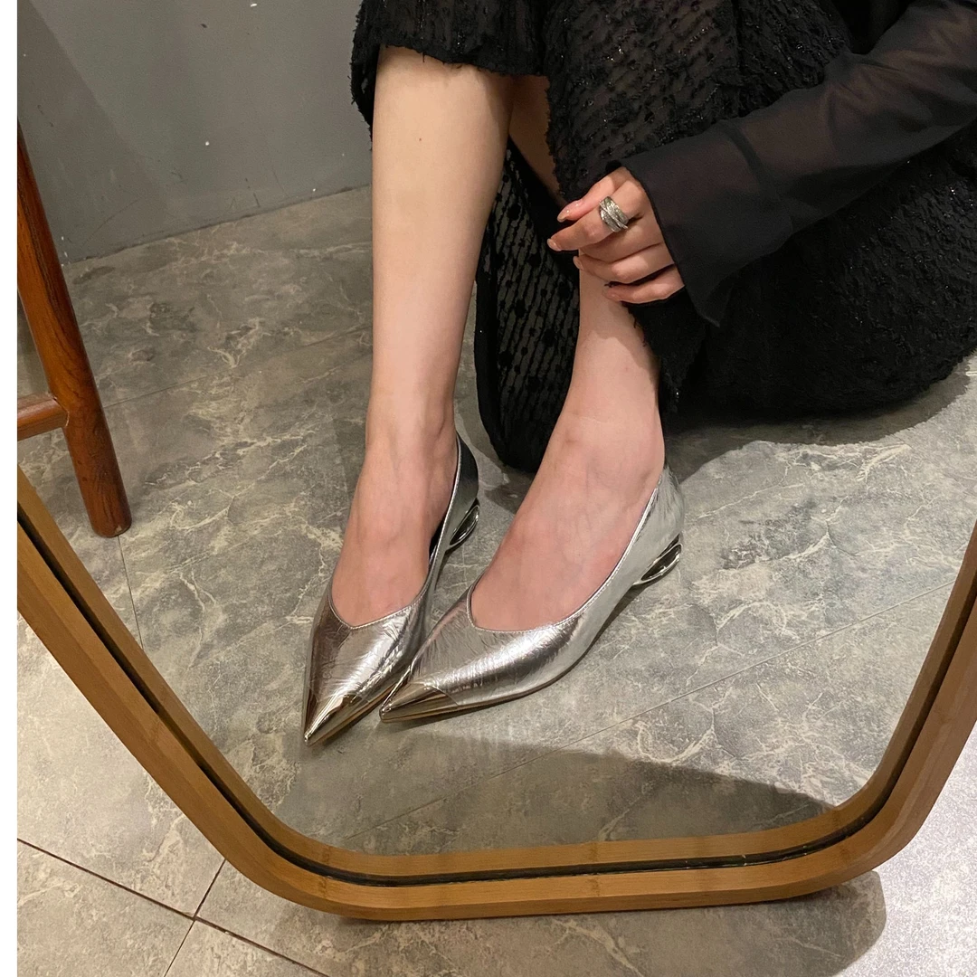 女鞋百搭细跟法式春季尖头羊皮跟鞋高跟鞋感浅口性感高跟真皮女士