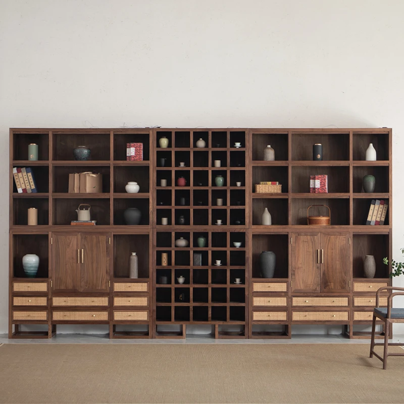 新中式北美黑胡桃实木整面墙书柜组合落地客厅博古架多宝阁置物架
