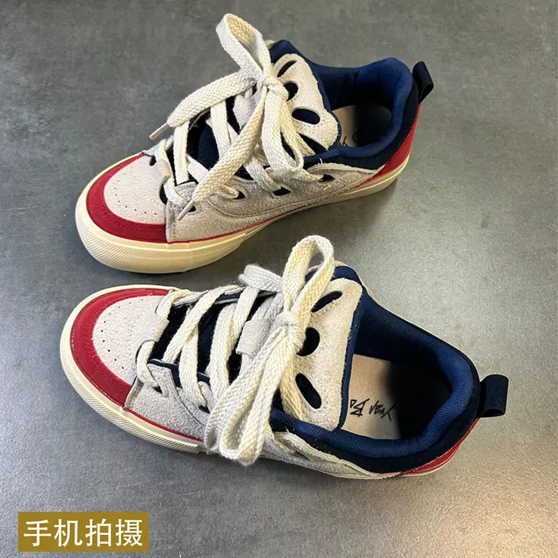 帆布鞋男秋款美式复古滑板鞋小众设计感面包休闲潮鞋厚底男款鞋子