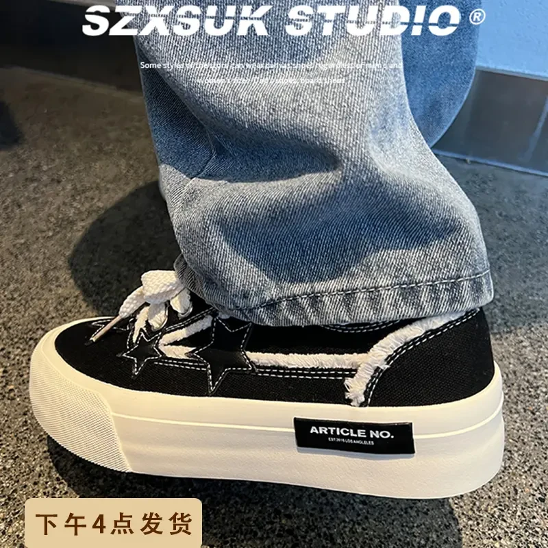 星星板鞋男款秋季透气潮流百搭日系小众低帮厚底帆布鞋休闲鞋子男