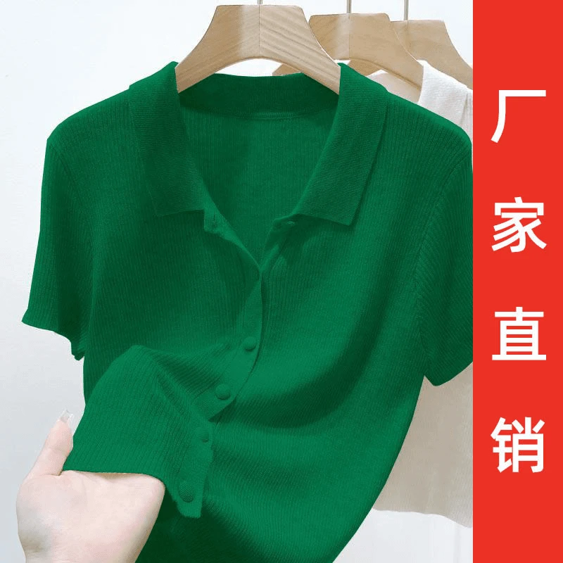 薄款翻领针织衫女夏季气质显瘦短袖小个子百搭纯色开衫上衣初秋
