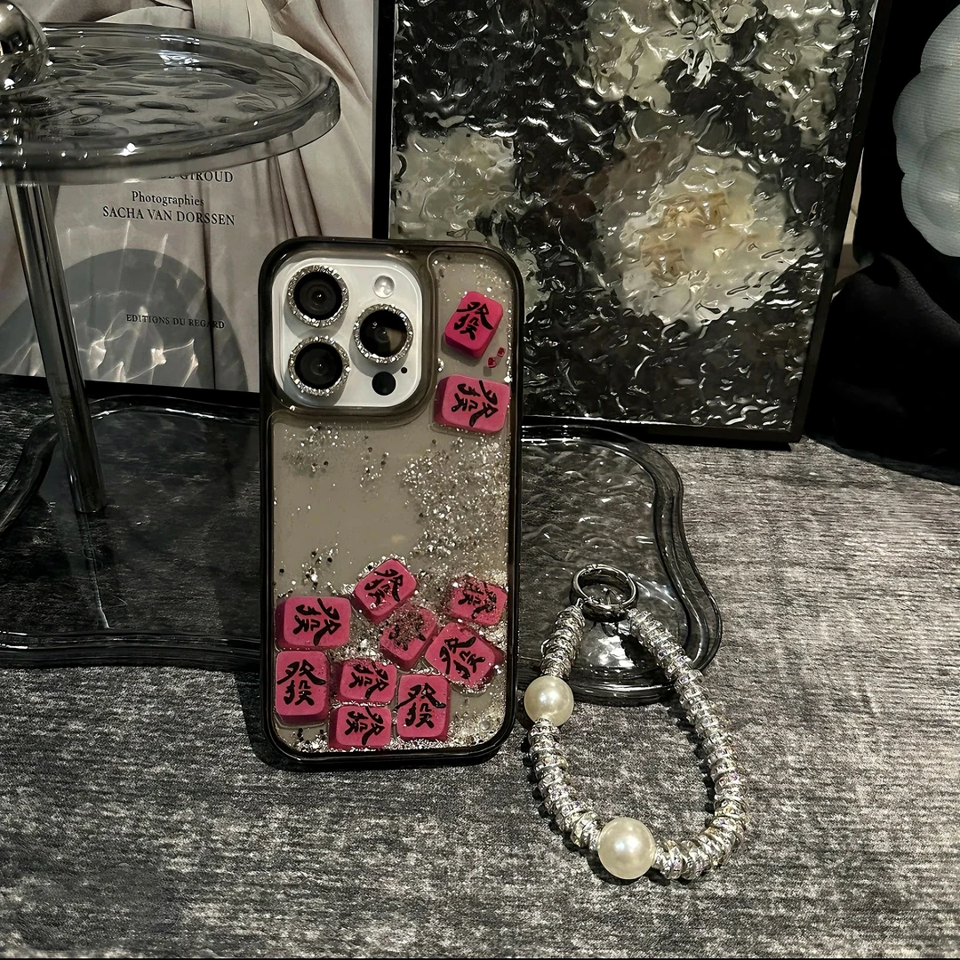 透黑流沙麻将发财细闪适用苹果16promax手机壳iPhone15/13爆款14