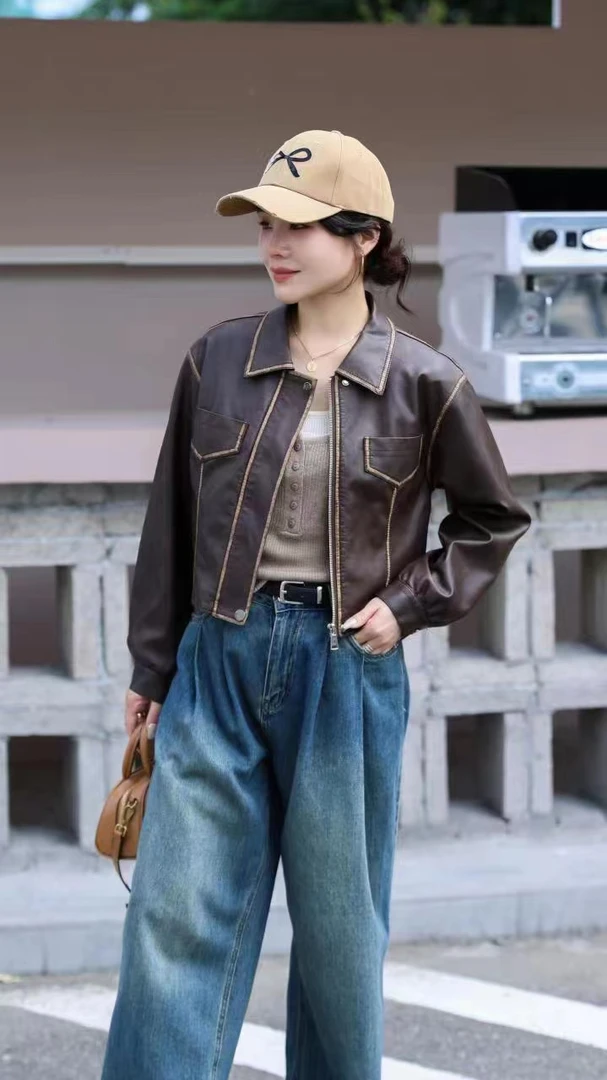 皮衣双口袋高腰款