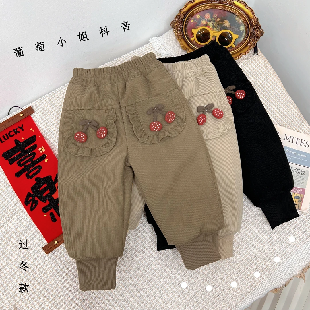 【加厚棉裤】2024冬季大棉裤中小童女双樱桃洋气可爱棉裤pt-2066