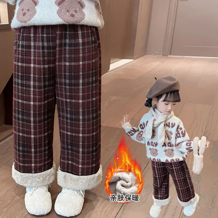 女宝秋冬加绒加厚格子裤2024新款韩版修身裤子冬款洋气紫色格子