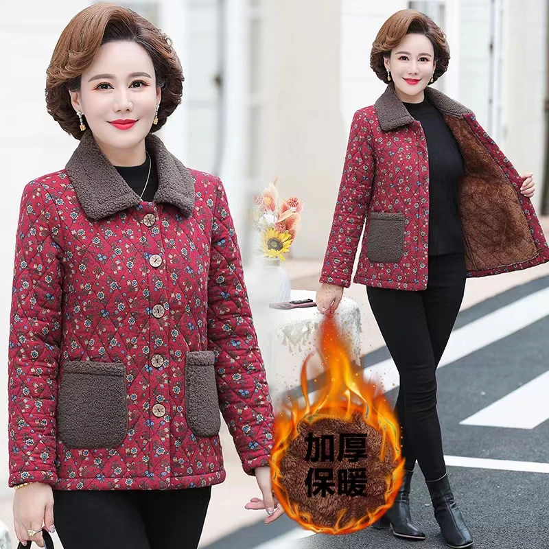 2023秋冬妈妈装小碎花加绒加厚保暖外套小花袄中老年小花袄网红款