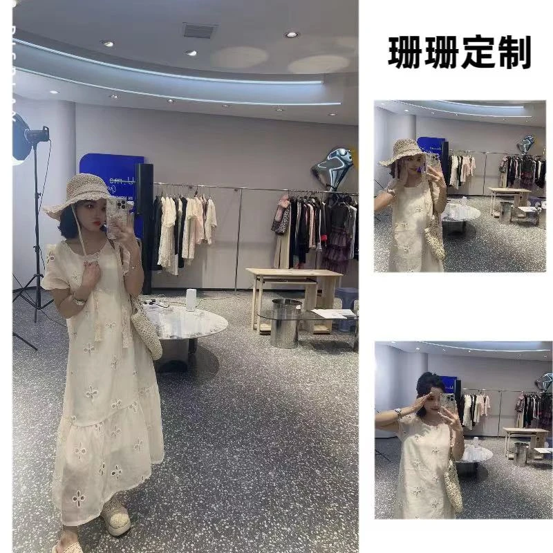【首尔季】夏季镂空镶钻圆领减龄显瘦连衣裙24056