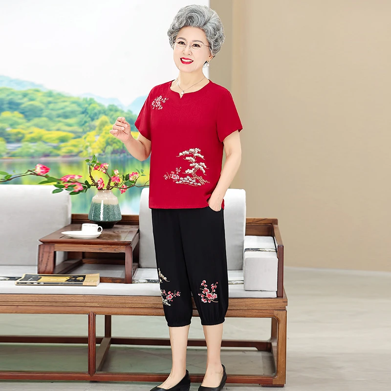 中国风夏季薄款短袖套装女中老年人宽松妈妈装复古绣花大码两件套