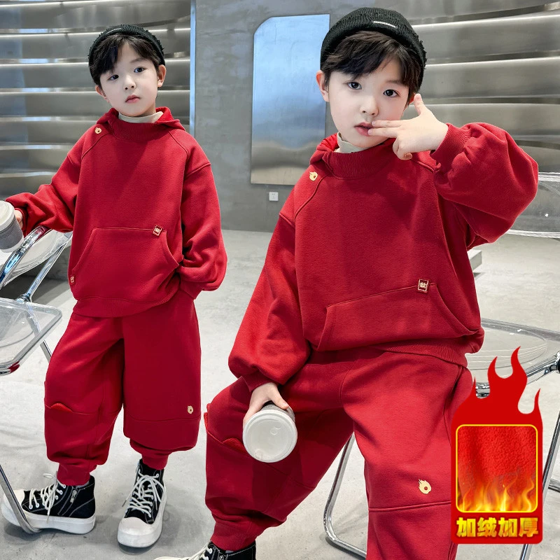 儿童装男童秋装套装唐装春秋款汉服红色国风酷帅气卫衣男孩秋季潮