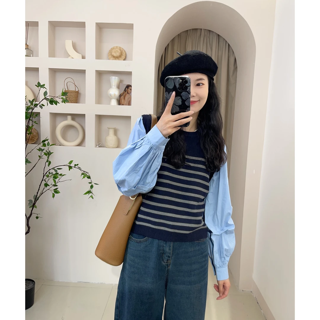 「梦中条纹」秋季新款法式学院风圆领条纹拼接假两件针织衫