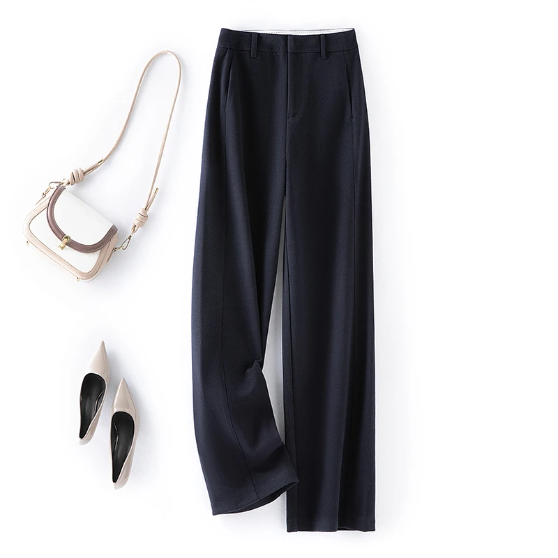 2024冬季加厚毛呢阔腿裤窄版显瘦简约百搭高腰休闲长裤子