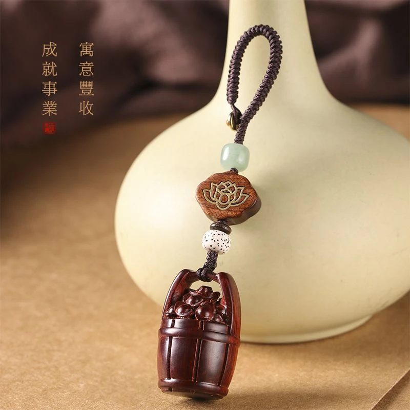 天然檀木雕刻一桶金钥匙扣创意个性手机链装饰品挂件编织小挂件