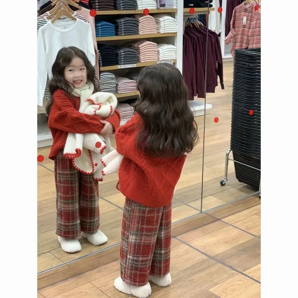 时尚红色女童冬季加绒裤子2024年新款宝宝圣诞女孩喜庆洋气百针织