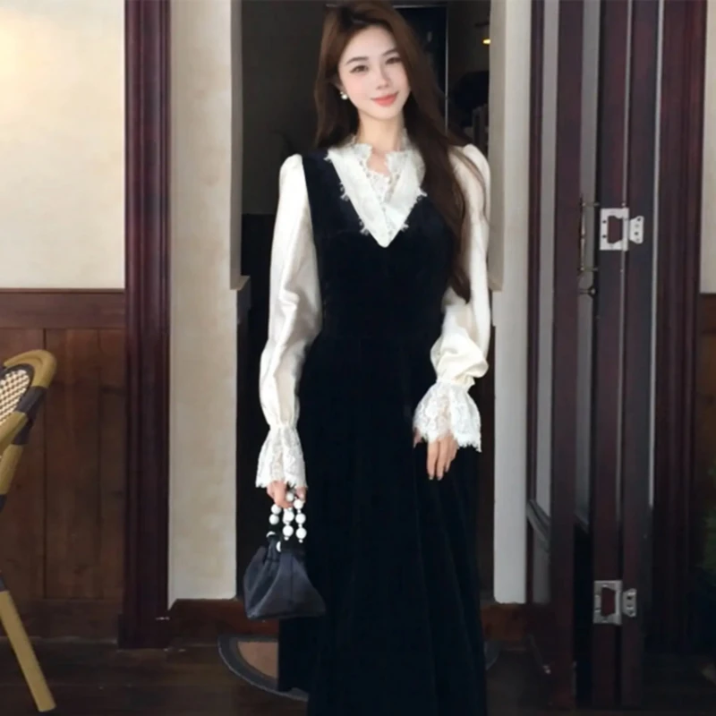 2025新款秋季法式蕾丝拼接上衣丝绒百搭假两件显瘦女装连衣裙2315