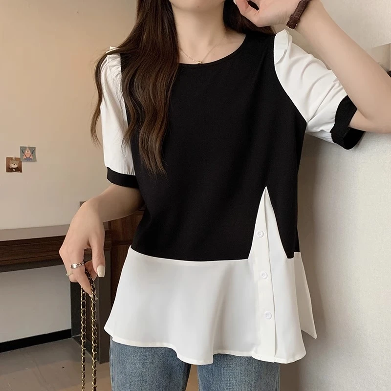 大码设计感拼接假两件短袖上衣女夏季胖mm时尚宽松遮肚显瘦衬衫潮