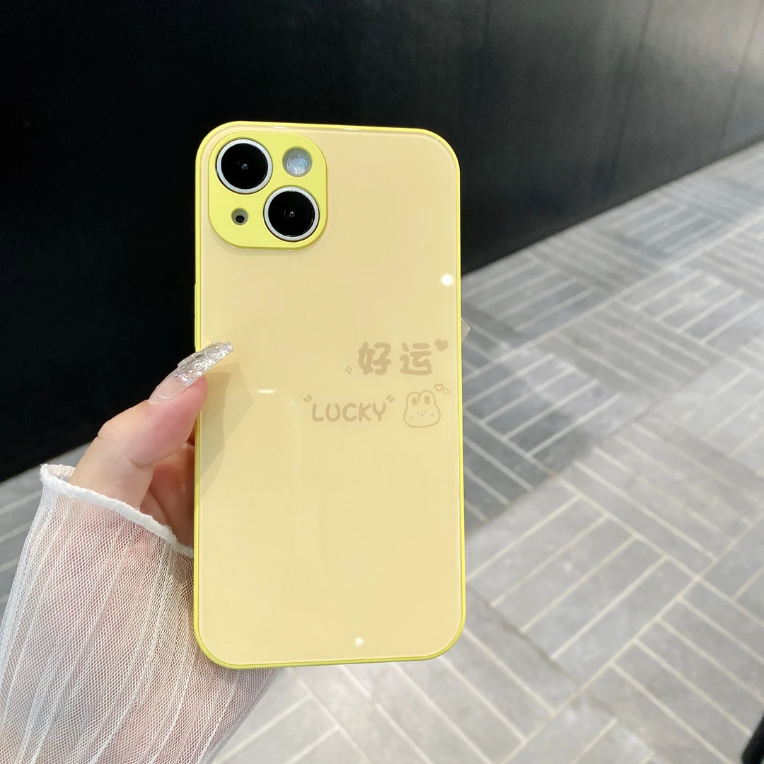 (苹果系列)Lucky好运适用iPhone15/14/13柠檬黄肤感玻璃手机壳