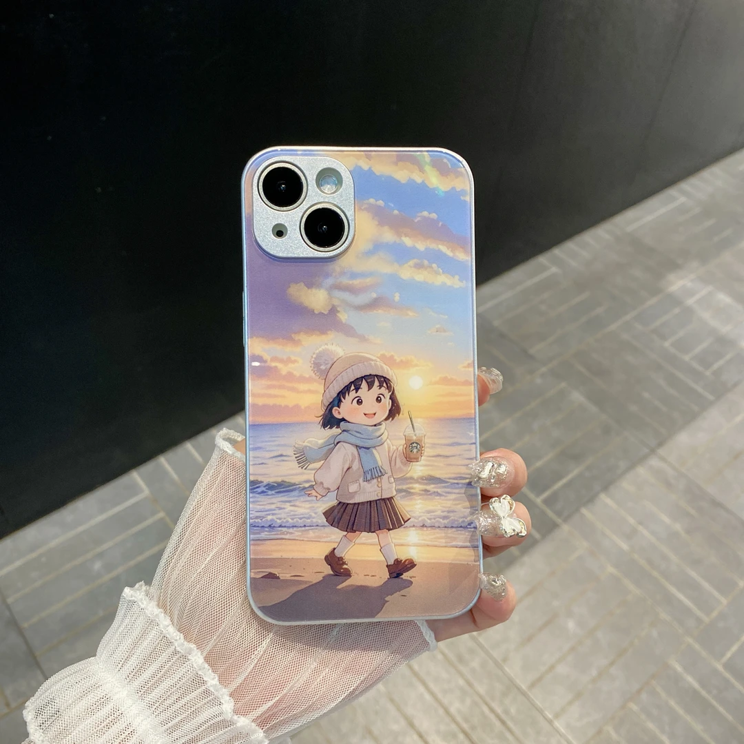 （华为mate60系列）沙滩女孩适用iPhone16/15/14肤感玻璃防摔手机壳