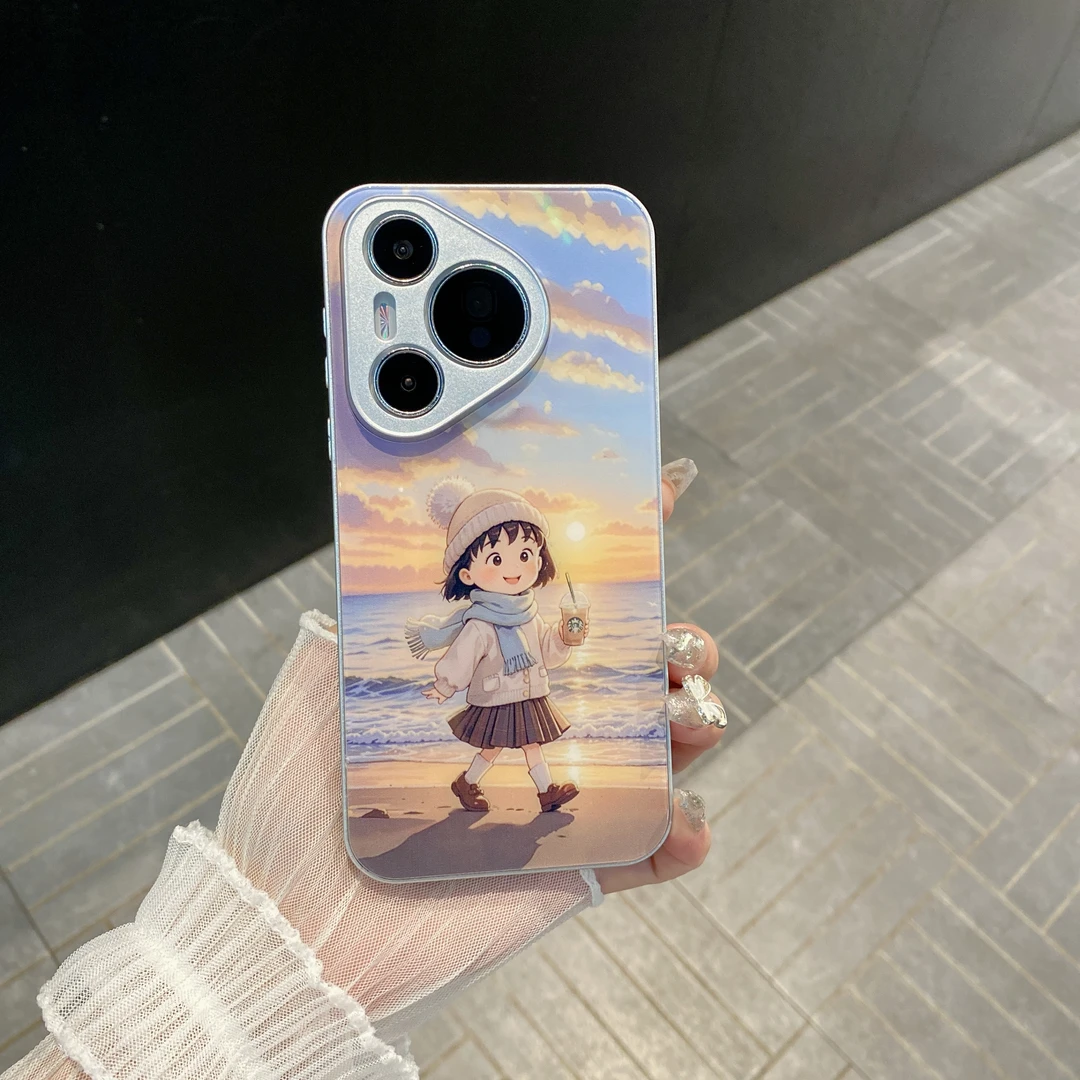 （华为pura70系列）沙滩女孩适用p70/60/50肤感玻璃创意防摔手机壳