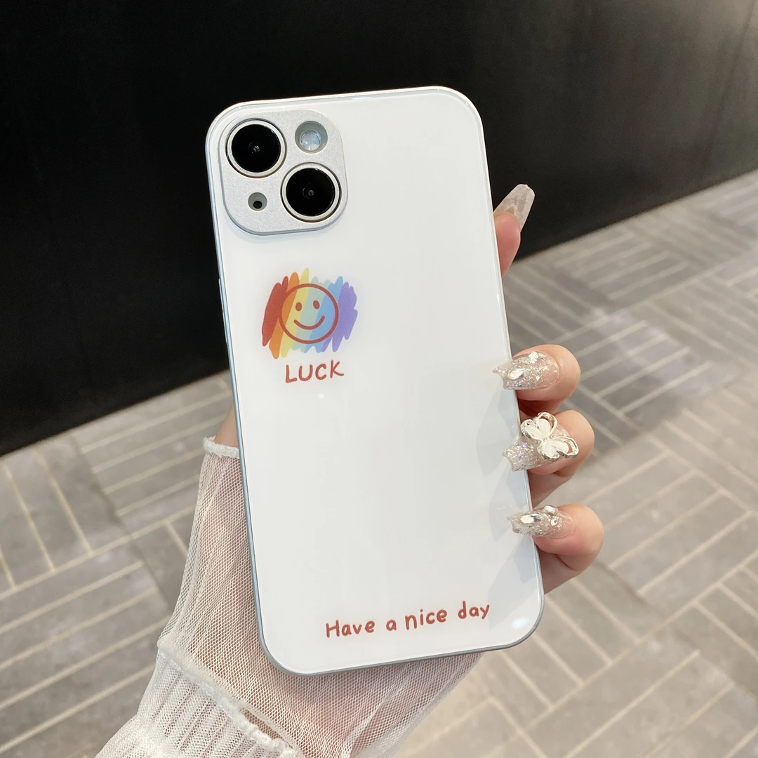 (苹果系列)LUCK笑脸适用iPhone15/14/13简约时尚玻璃防摔手机壳
