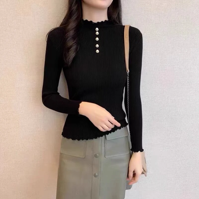 毛衣女士打底衫春秋季薄款半高领内搭长袖针织衫洋气显瘦短款上衣