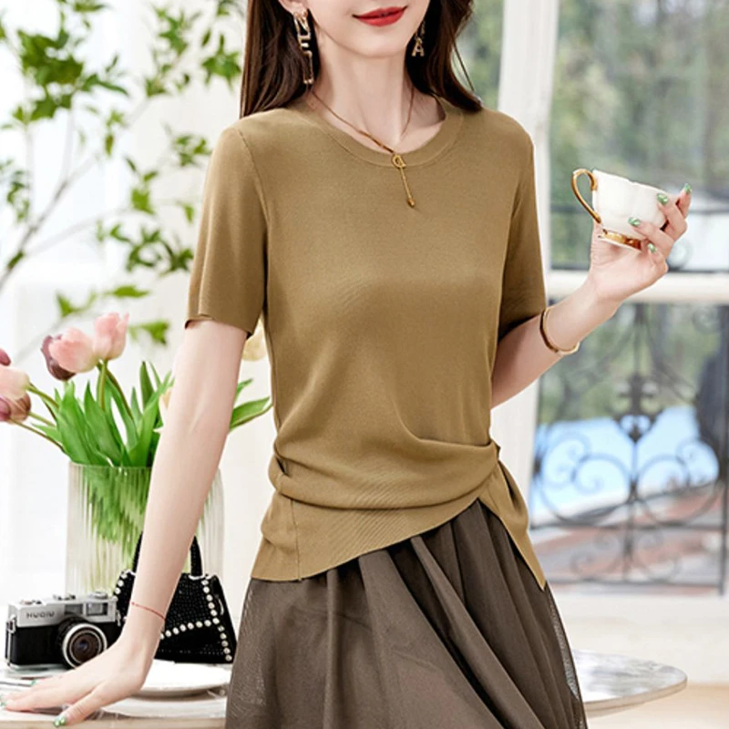 冰丝薄款短袖t恤女设计感上衣针织打底衫百搭2024夏装白体恤内搭