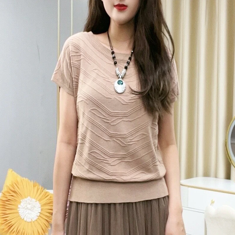 2025年新款夏圆领短袖针织T恤宽松时尚打底薄款显瘦百搭针织衫女