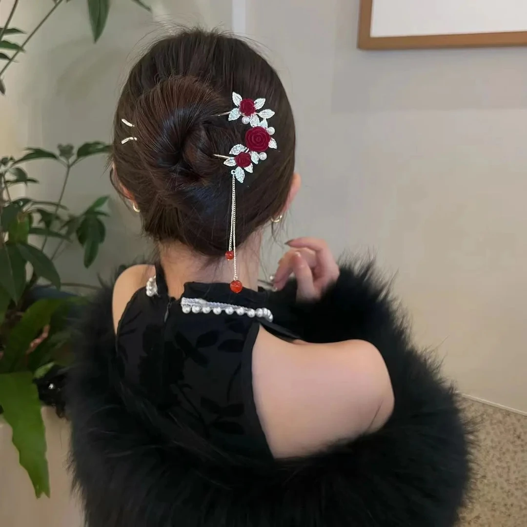 u型发夹女敬酒服头饰发簪马面裙订婚新娘红色秋冬新中式盘发神器