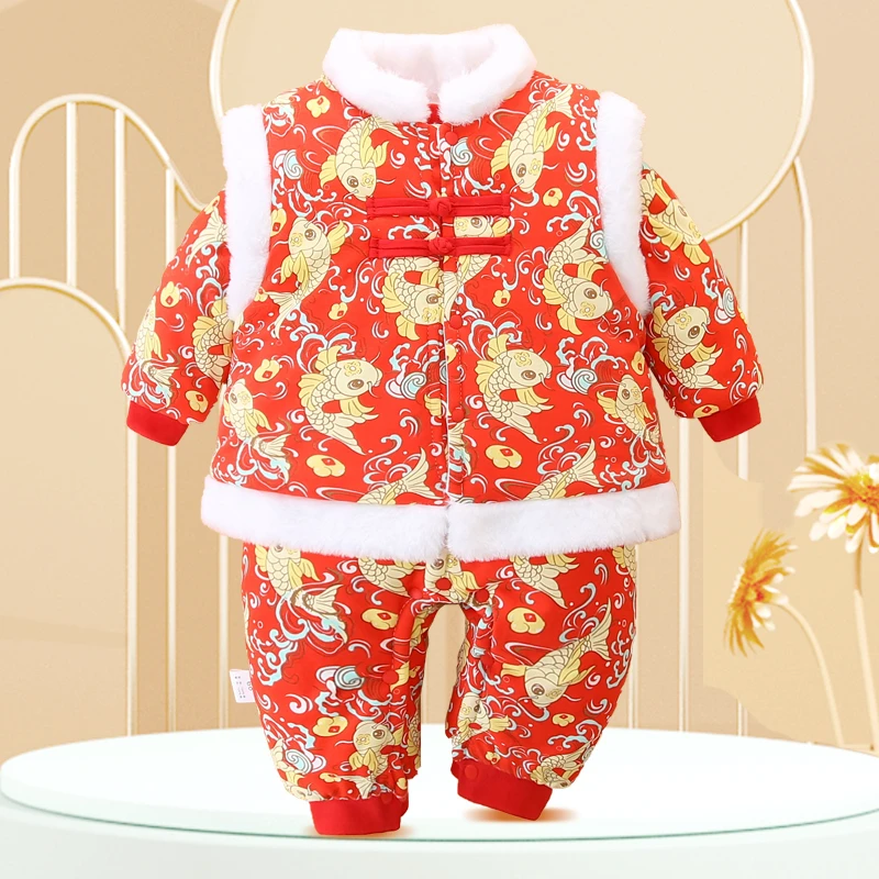 婴儿拜年服连体衣新生儿周岁外出爬爬服宝宝国风夹棉保暖厚棉哈衣