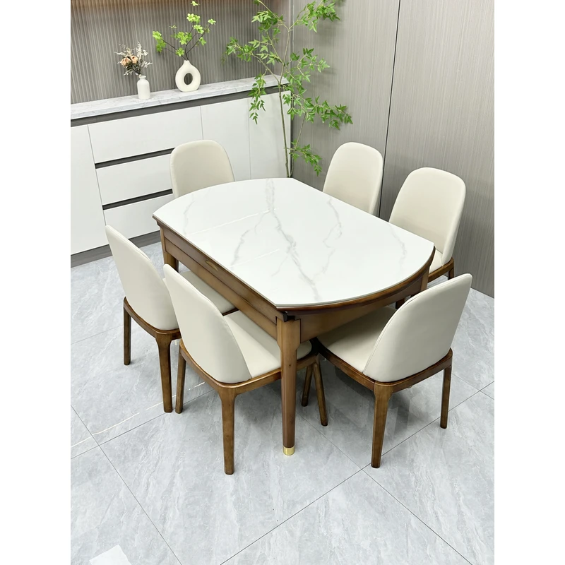 新中式实木岩板餐桌折叠伸缩多功能方圆两用可伸缩客厅餐桌椅组合