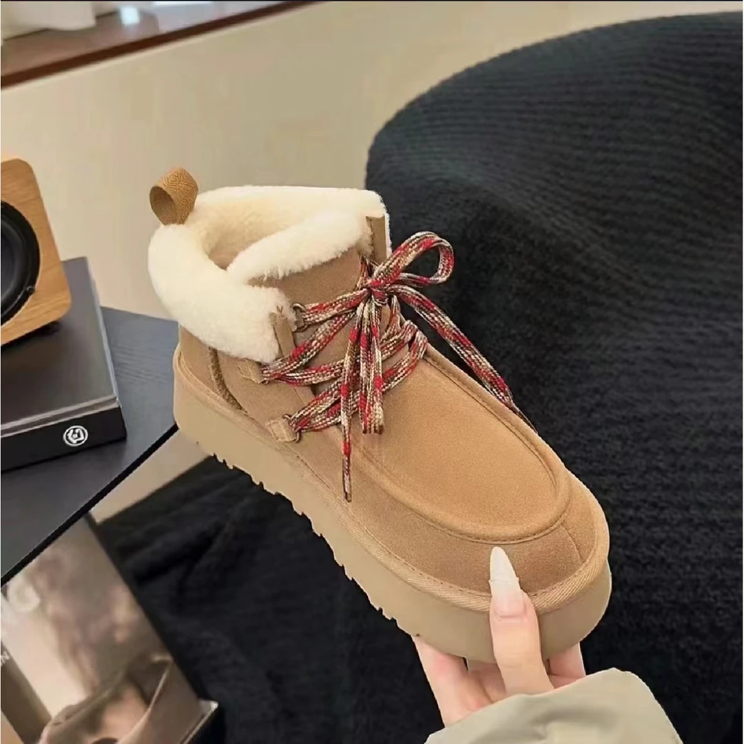 【芙卡拉】时尚百搭皮毛一体桑坡雪地靴加绒短筒靴保暖系带新款