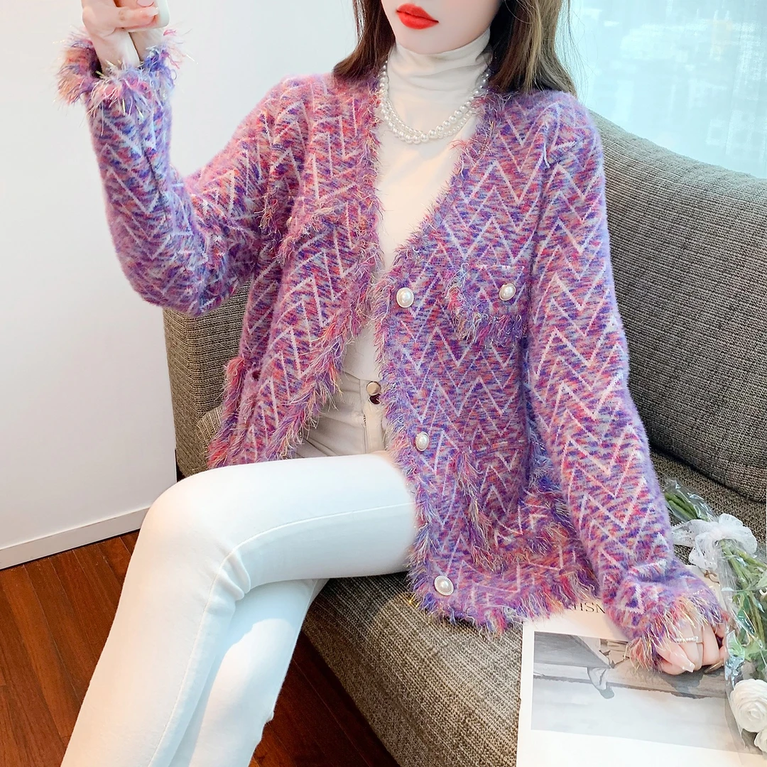 2174-法式高级感小香风外套女百搭V领网红针织开衫上衣-紫色星空