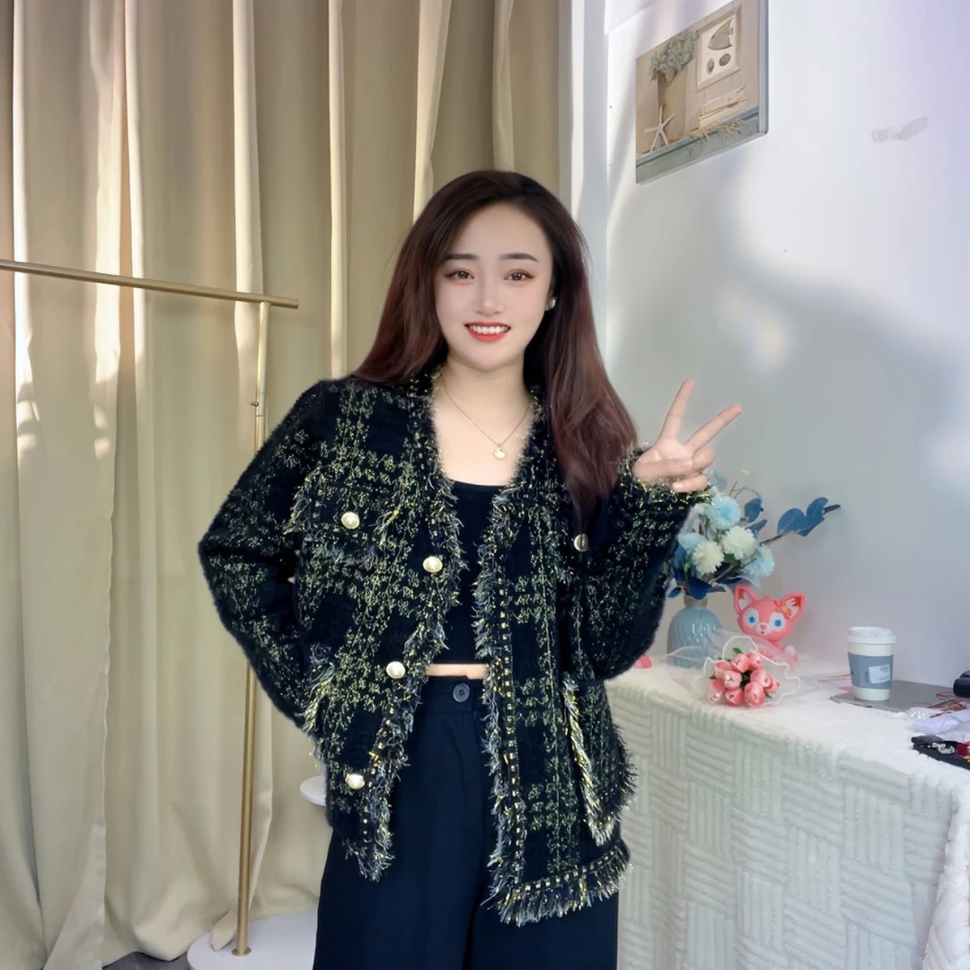 2165-法式高级感小香风网红外套女百搭V领长袖针织开衫上衣-1