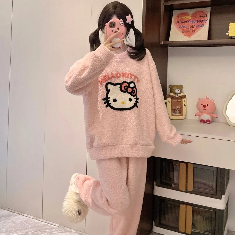 hellokitty睡衣女秋冬季法兰绒加绒加厚凯蒂猫可爱卡通家居服套装