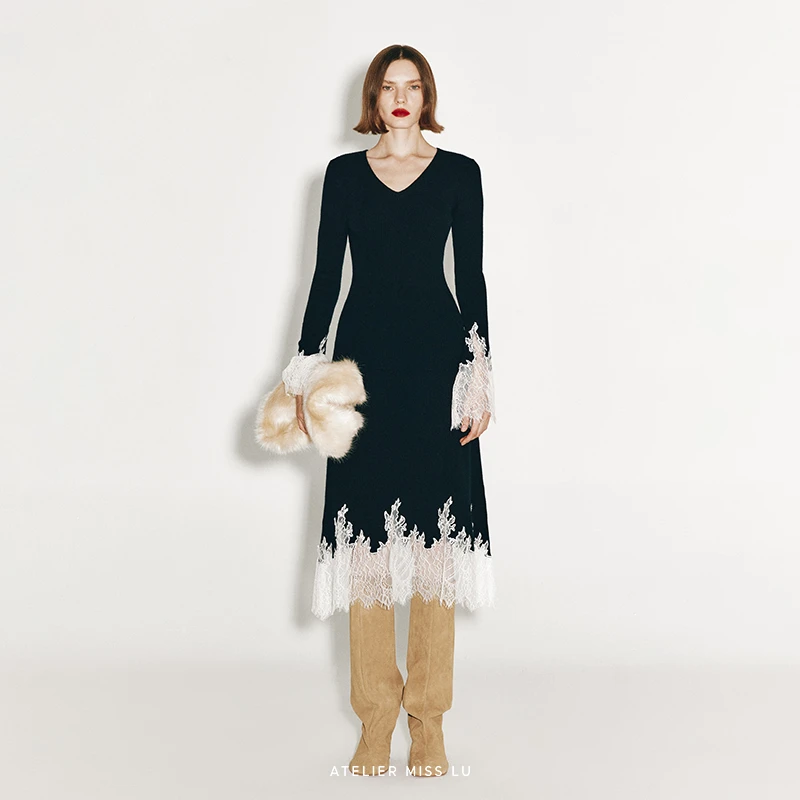 AtelierMissLu【千丝万缕】睫毛蕾丝拼接混纺半裙243082B