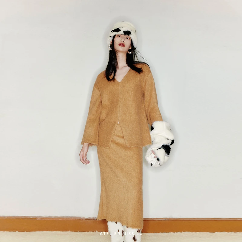 AtelierMissLu设计师品牌绵羊毛混织马海毛低腰直身半裙2200016