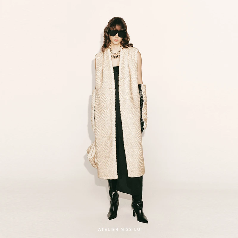 AtelierMissLu【极低雪兔】压纹绵羊毛长版马甲外套230000031