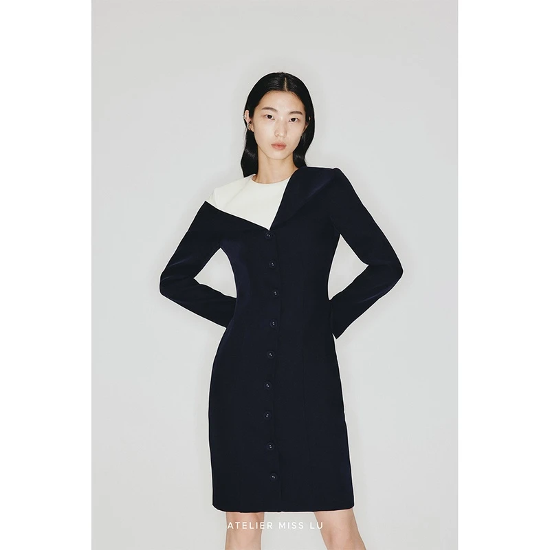 AtelierMissLu不规则几何撞色假两件修身长袖连衣裙23000010