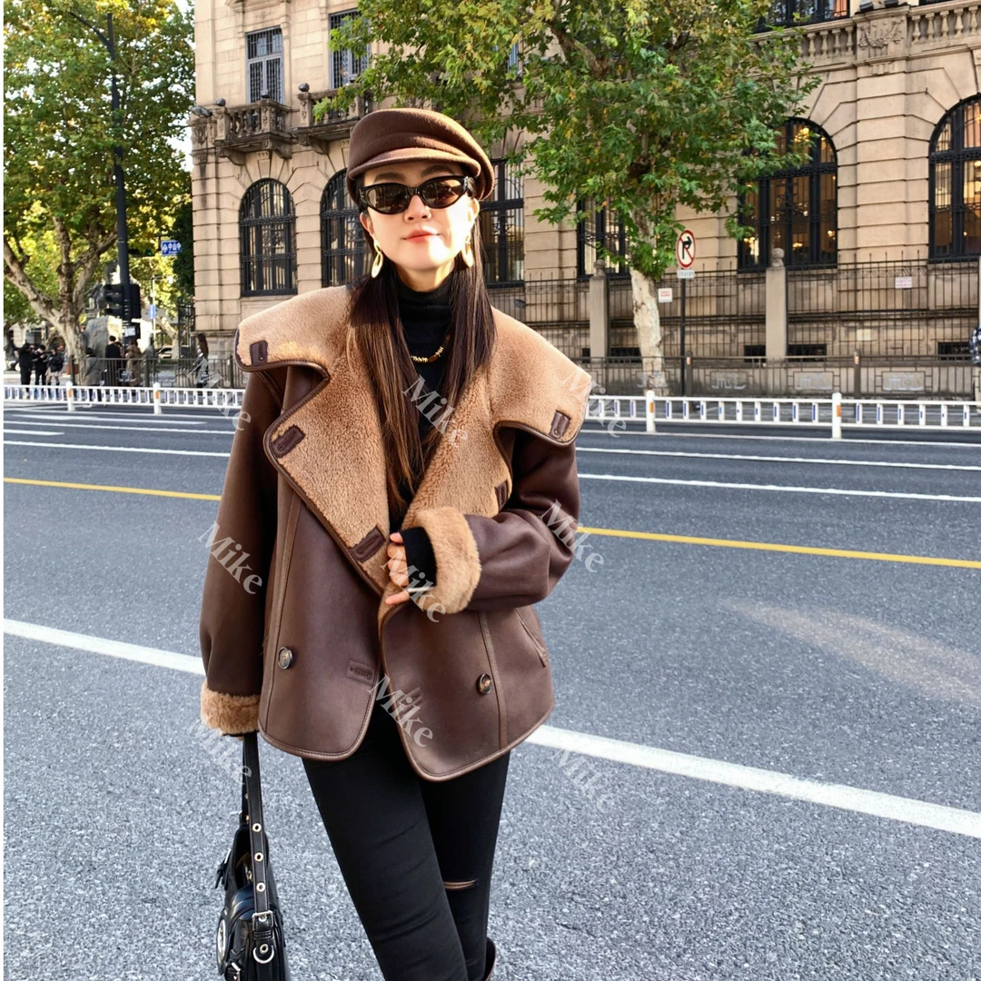 Mike2024【100羊毛】新款时尚女澳洲羊毛皮毛一体双面穿秋冬外套805