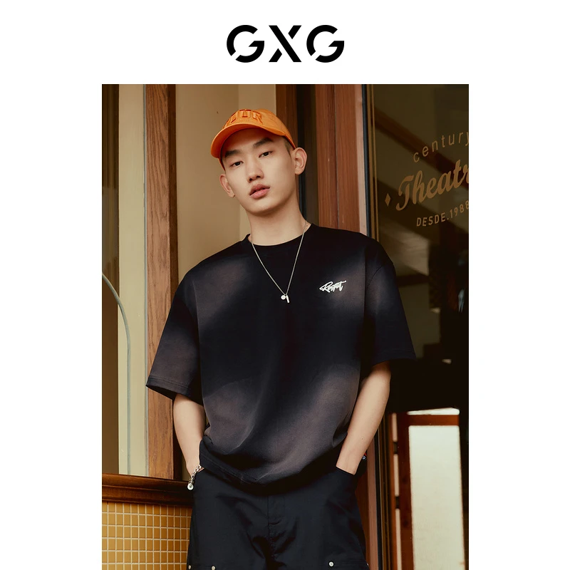 GXG男装 黑色短袖T恤撞色喷绘印花 2023年夏季新品#10E1440291B
